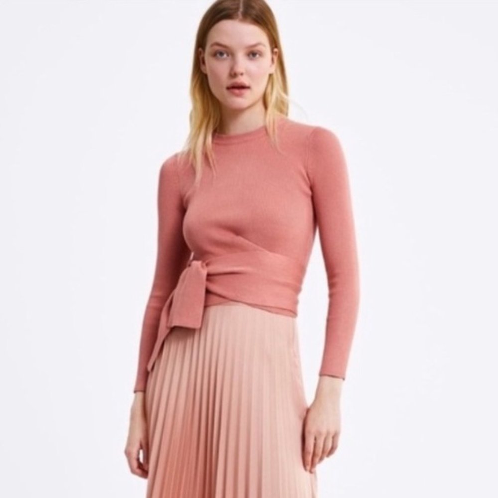 NWT Zara Tie Waist Ribbed Cropped Wrap Sweater Top